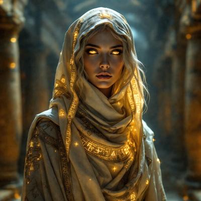 The primary subject of the image is a woman wearing a white robe with a hood. She is standing in a dark room, possibly a dungeon, with a glowing aura around her. The setting appears to be a medieval-inspired environment, and the visual style is a combination of digital art and illustration. The colors in the image are predominantly dark, with the woman's glowing aura providing a contrasting light. The overall atmosphere of the image is mysterious and intrigu